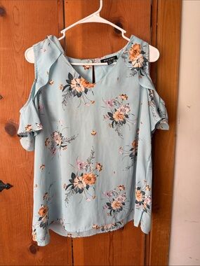 Roz & Ali Light Blue Floral Cold-Shoulder Top